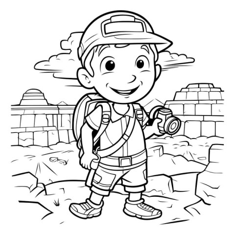 Black and White Cartoon Illustration of Kid explorer or explorer