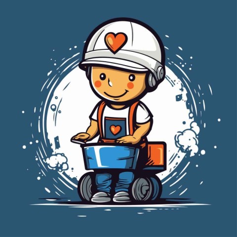 Cute little boy riding a scooter. Vector cartoon illustration.