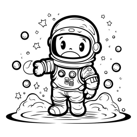 astronaut in puddle - black and white vector illustration.