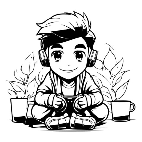 Boy playing video games with headphones and a cup of coffee. Vec