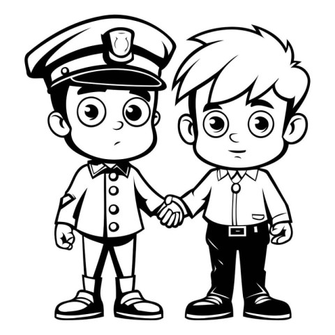 Black and White Cartoon Illustration of Boy and Girl Policeman C