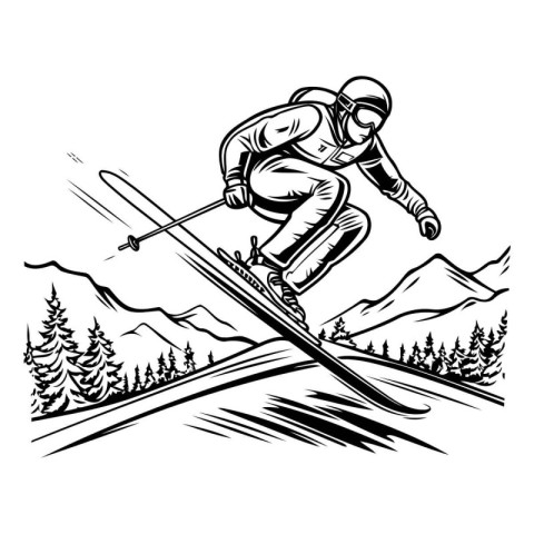 Skier jumping in mountains. Black and white vector illustration