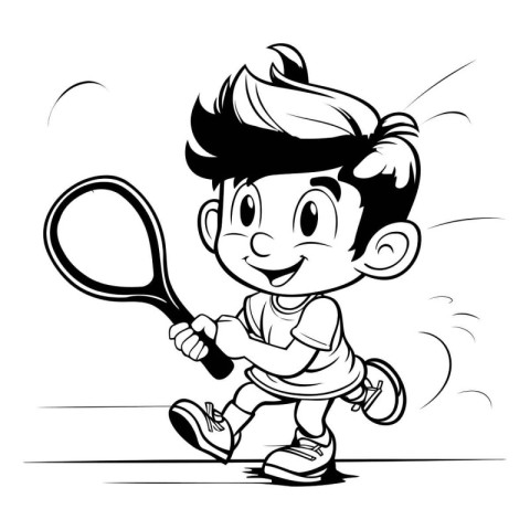 Little Boy Playing Tennis - Black and White Cartoon Illustration