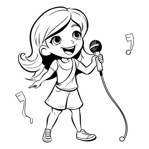 Girl Singing with Microphone - Black and White Cartoon Illustrat