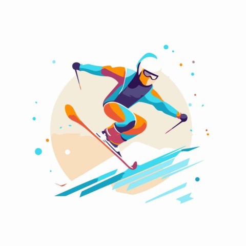 Skiing. Vector illustration in flat style on white background.