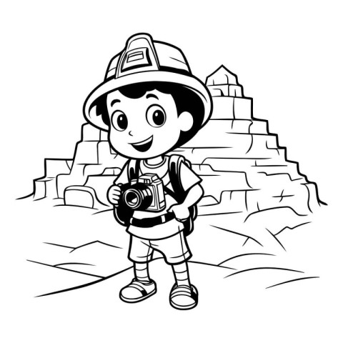 Boy with a camera in the mountains. Black and white illustration