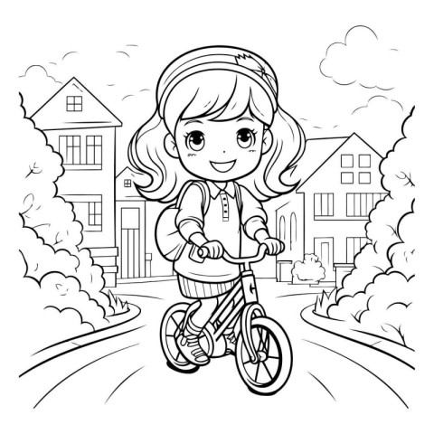 Coloring Page Outline Of a Cute Little Girl on a Bicycle