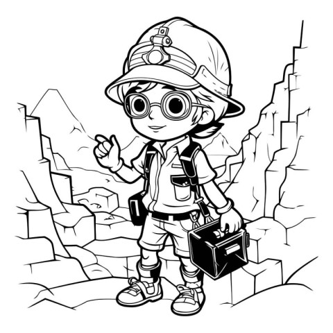 Black and White Cartoon Illustration of Cute Little Boy Mine Wor