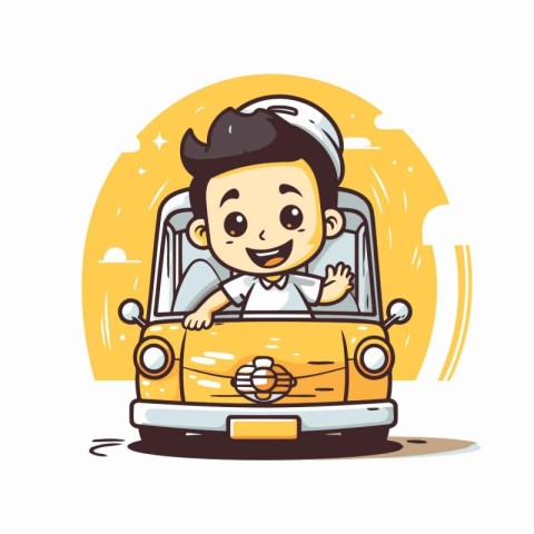 Happy little boy driving a car. Vector illustration. eps10