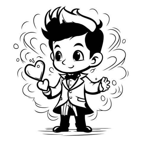 Black and White Cartoon Illustration of a Boy in a Tuxedo Holdin