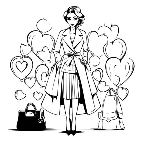 Beautiful young woman with shopping bags and hearts. Vector illu