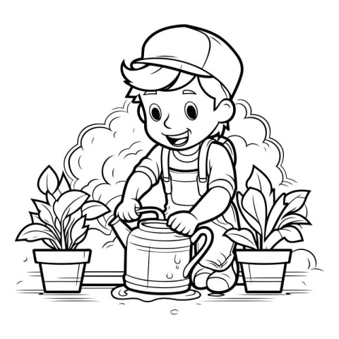 Black and White Cartoon Illustration of Kid Watering Plants or G