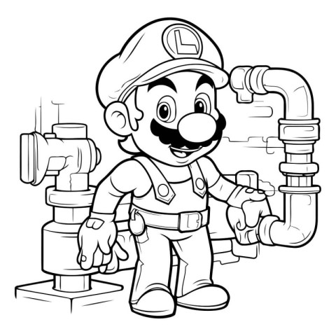 Black and White Cartoon Illustration of Plumber or Plumber Chara