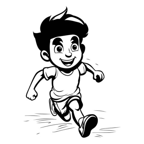 Running Kid - Black and White Cartoon Vector Illustration of a K