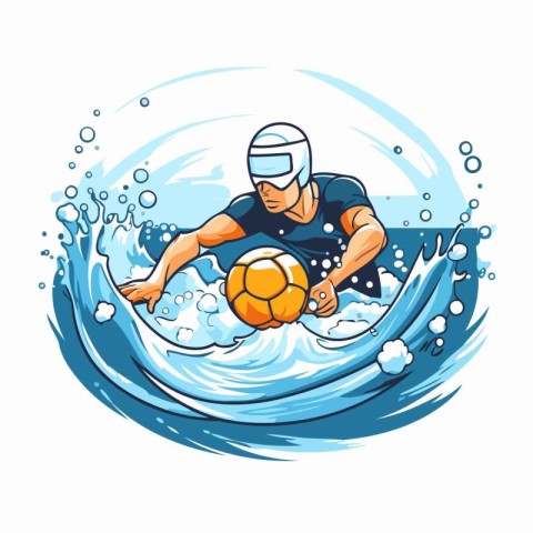 Water polo player with ball on the wave. Vector illustration.