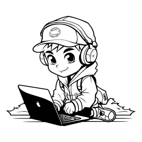 Vector illustration of a boy with a laptop and headphones on whi