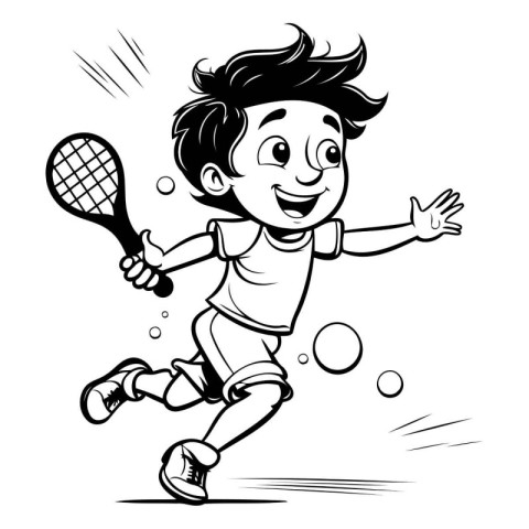 Tennis Player - Black and White Cartoon Illustration of a Kid Pl