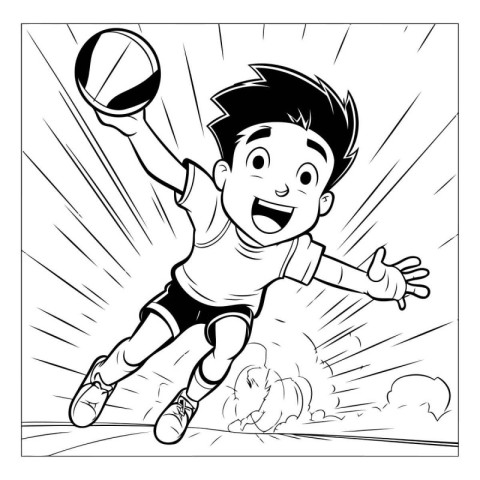 Black and White Cartoon Illustration of a Kid Boy Playing Volley