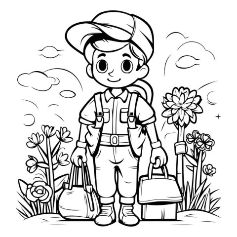 Outline of a boy in a hat with a bag and flowers