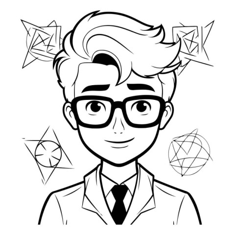 Young man with glasses. Vector illustration in black and white c