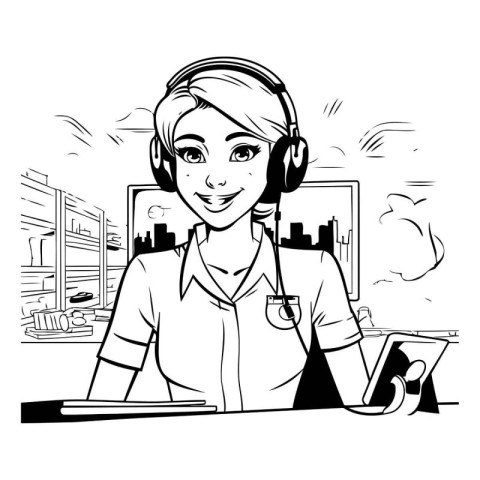 Black and white illustration of a call center worker wearing a h