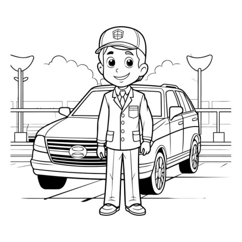 Illustration of a Kid Boy Wearing Uniform Standing Beside His Ca