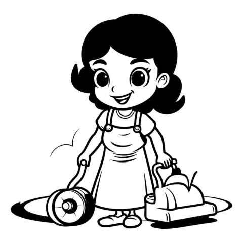 Black and White Cartoon Illustration of Cute Little Girl Carryin