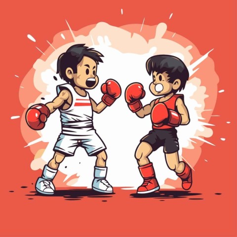 Boy and girl boxing with red gloves. Vector illustration in cart