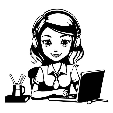 Call center operator with headset and laptop. Black and white ve