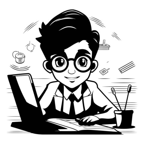 Businessman working at the computer. Vector illustration in blac