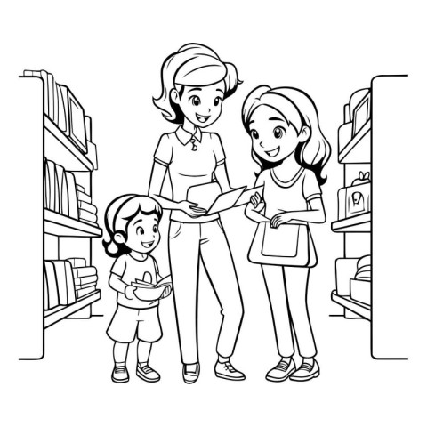 cute family shopping in supermarket cartoon vector illustration