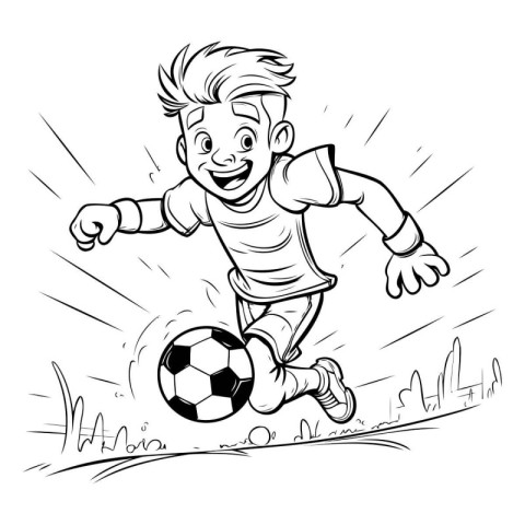 Soccer player running with a ball. Black and white vector illust