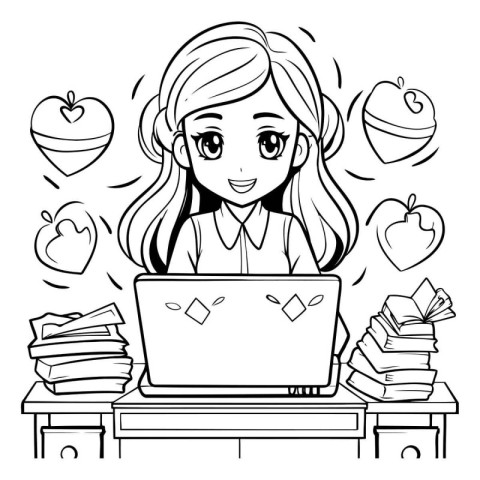 Black and white illustration of a schoolgirl sitting at her desk