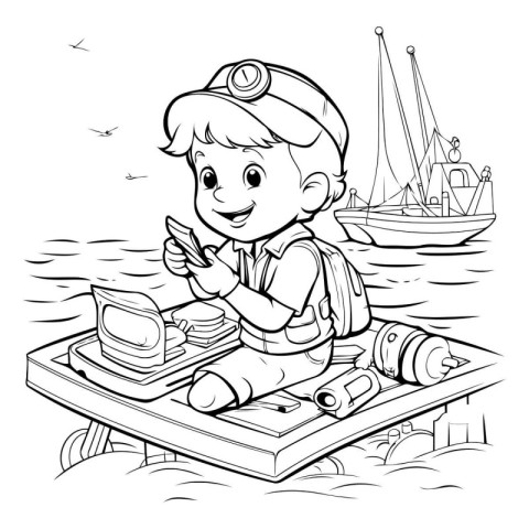 Boy with a map and a camera on a boat. Vector illustration