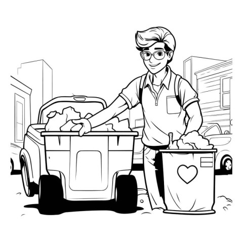 Volunteer with a trash can on the street. Vector illustration.