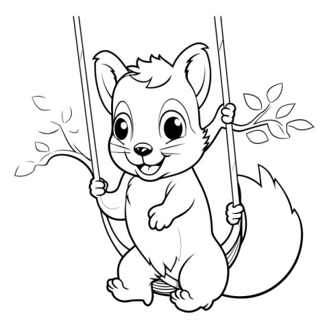 Cute squirrel swinging on a swing. Coloring book for children