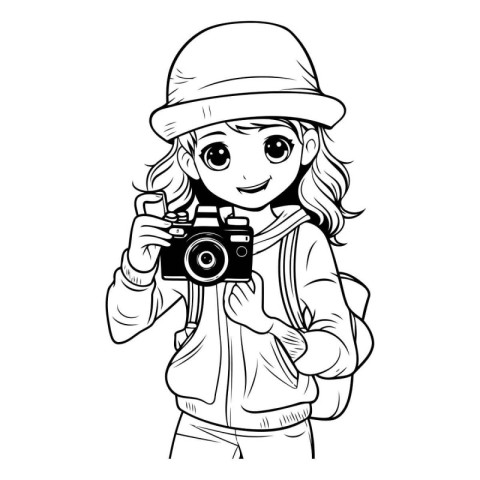 Cute girl with camera. Vector illustration in black and white.