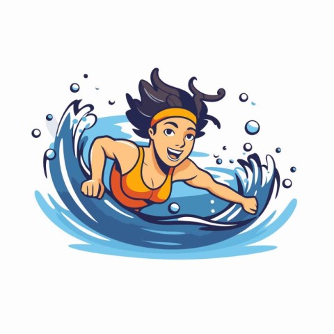 Surfer girl on a surfboard. Vector illustration in cartoon style