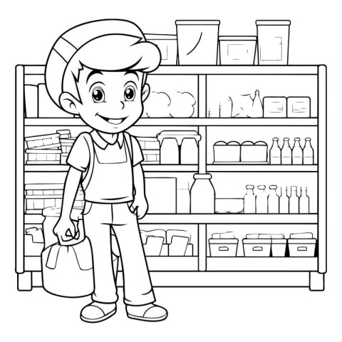 Black and White Cartoon Illustration of a Little Boy Shopping in