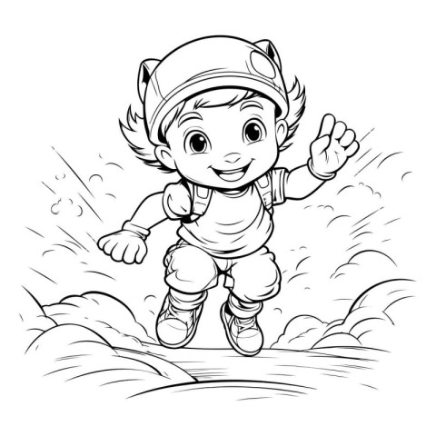 Cute little boy running in the rain. Vector illustration for col