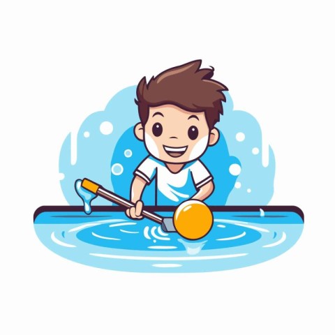 Cute cartoon boy playing ping pong in swimming pool. Vector illu