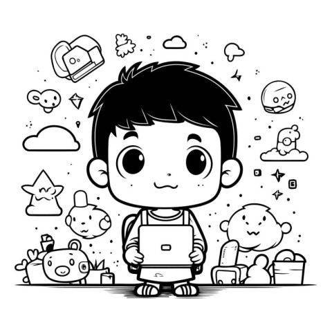 Coloring book for children: Boy with a laptop. Vector illustrati