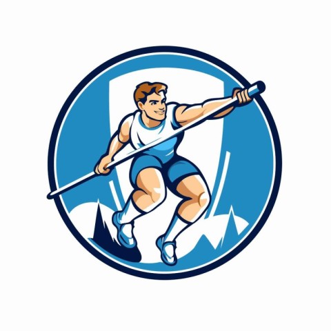 Illustration of a male athlete running with javelin set inside c