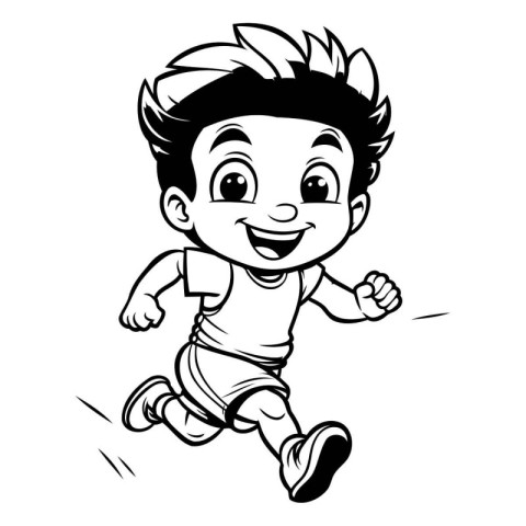 Running Kid - Black and White Cartoon Illustration of a Kid Runn