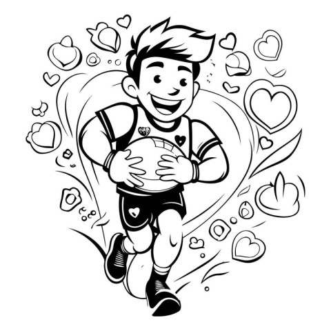 Black and white illustration of a boy running with a rugby ball.