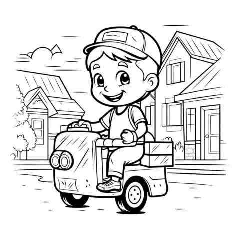 Cute boy in a cap driving a toy car. Vector illustration.