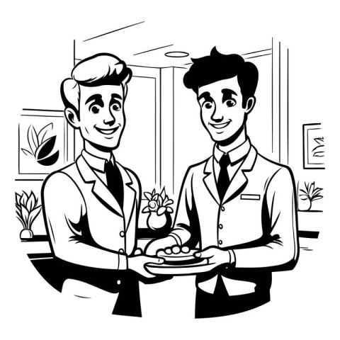 Vector illustration of a waiter serving food to a man in a cafe