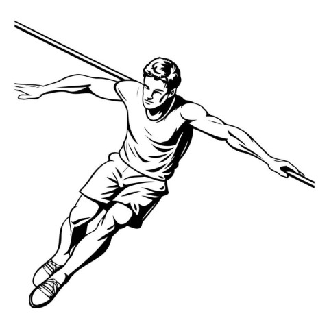 Athlete man with javelin. Black and white illustration