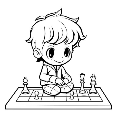 Boy playing chess - black and white vector illustration for colo