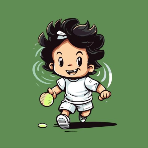 Vector illustration of a little girl playing tennis on a green b